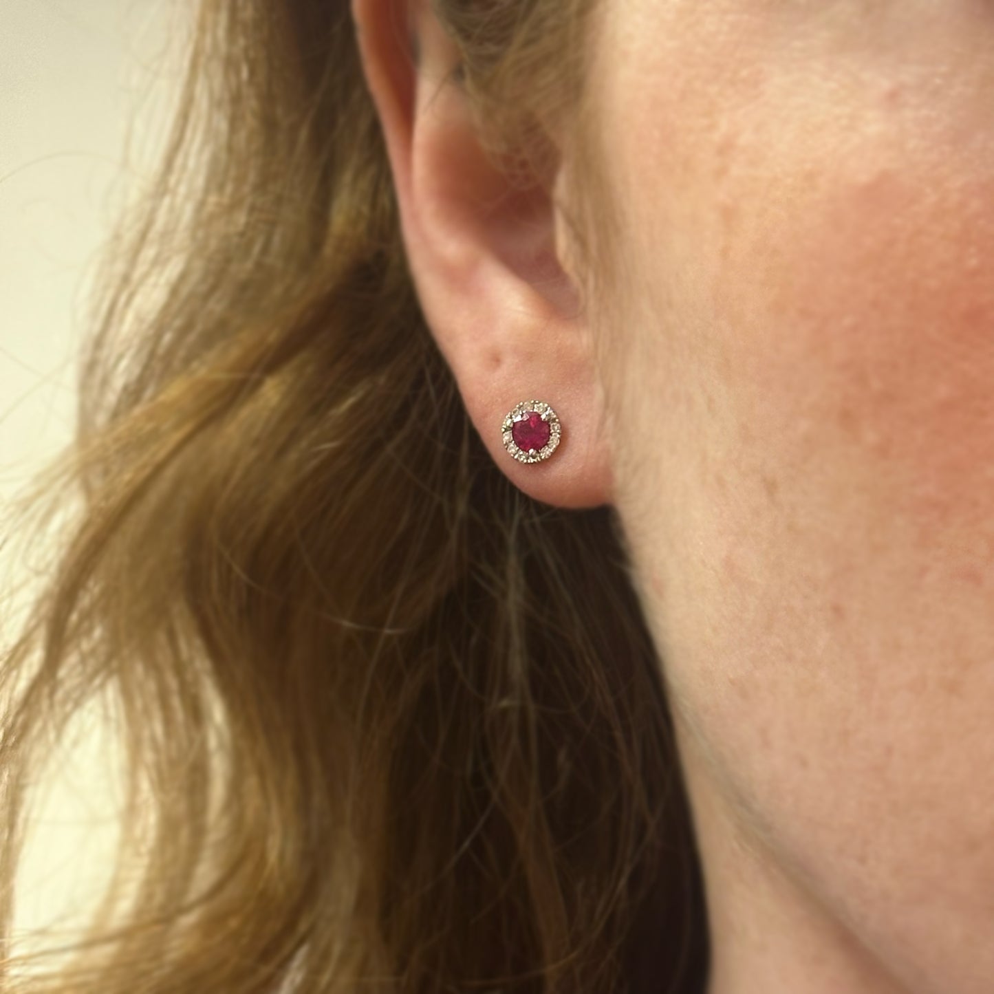 Ruby and Diamond Halo Studs