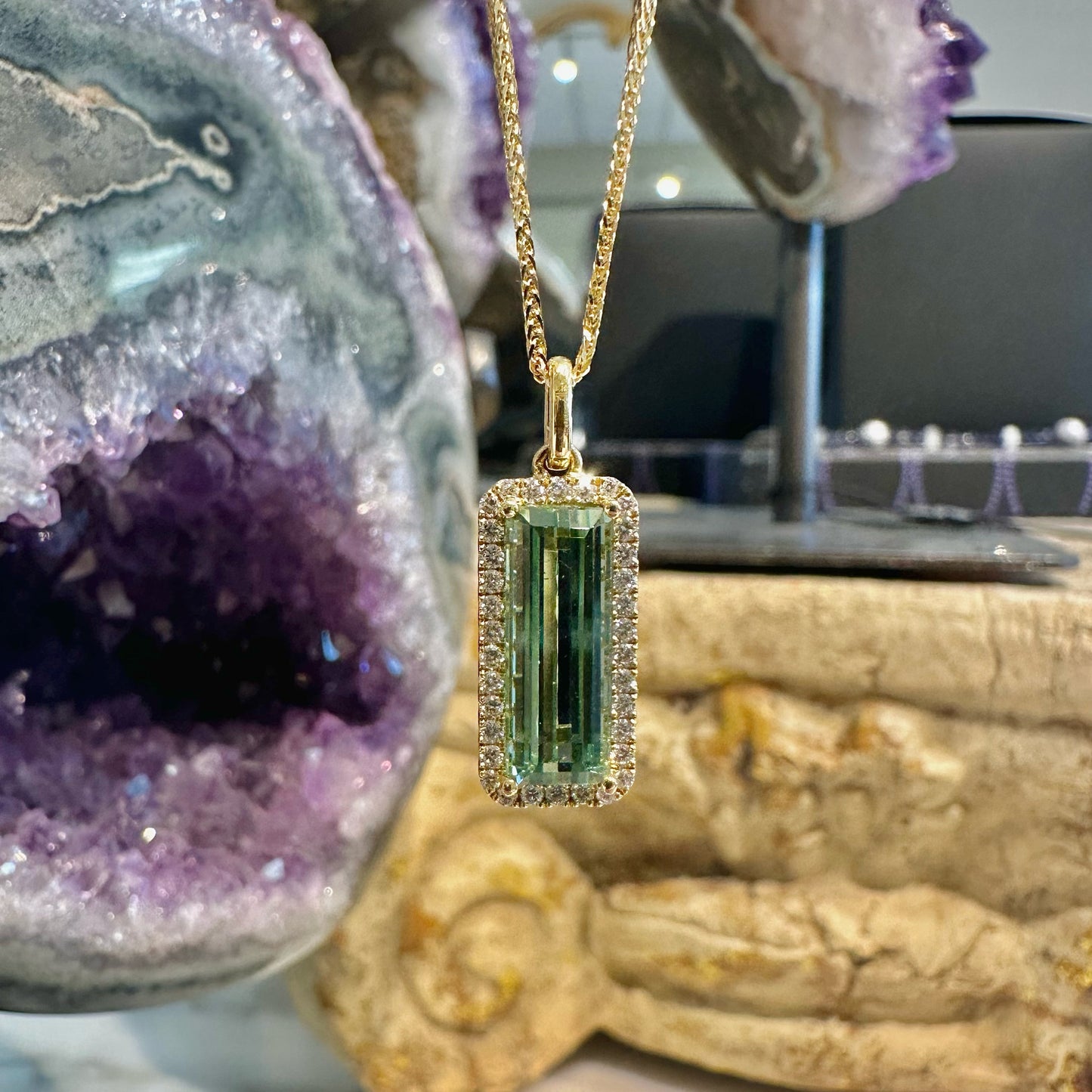 Rectangle Tourmaline Halo Pendant