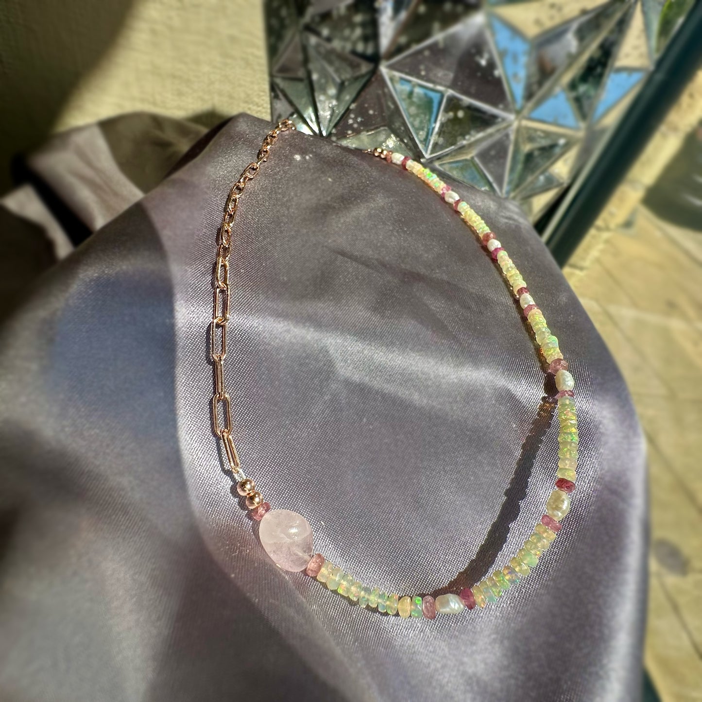 Opal Tourmaline and Pearl Paperclip Necklace