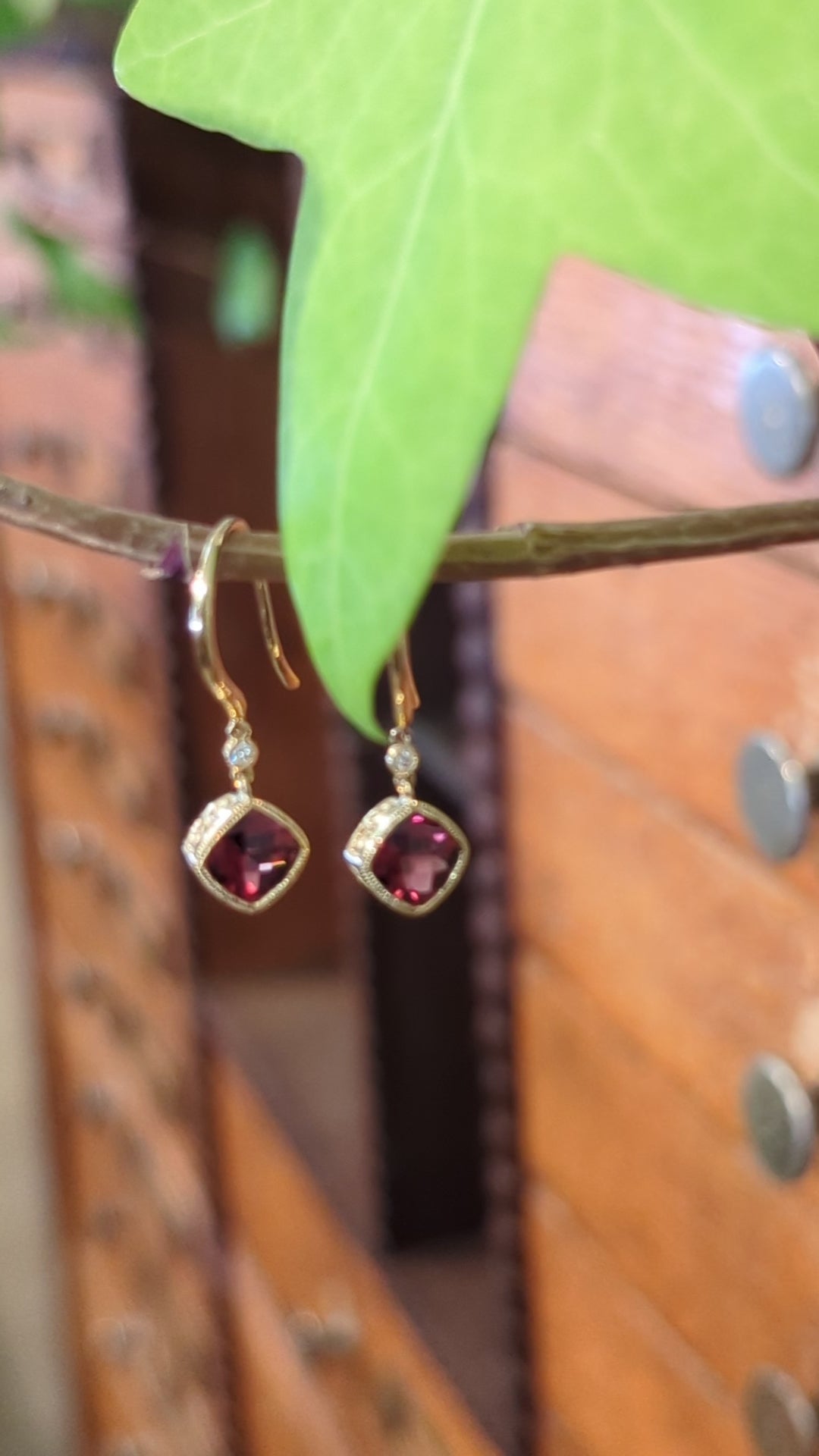 Load and play video in Gallery viewer, Garnet and Diamond Dangle Earrings
