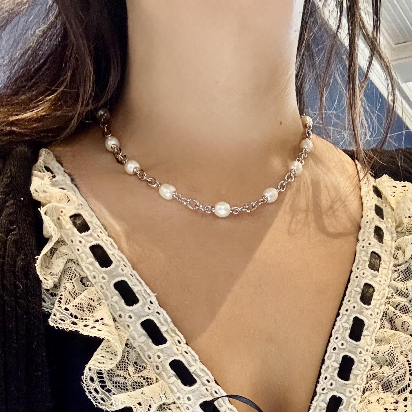 Pearl Silver Station Necklace