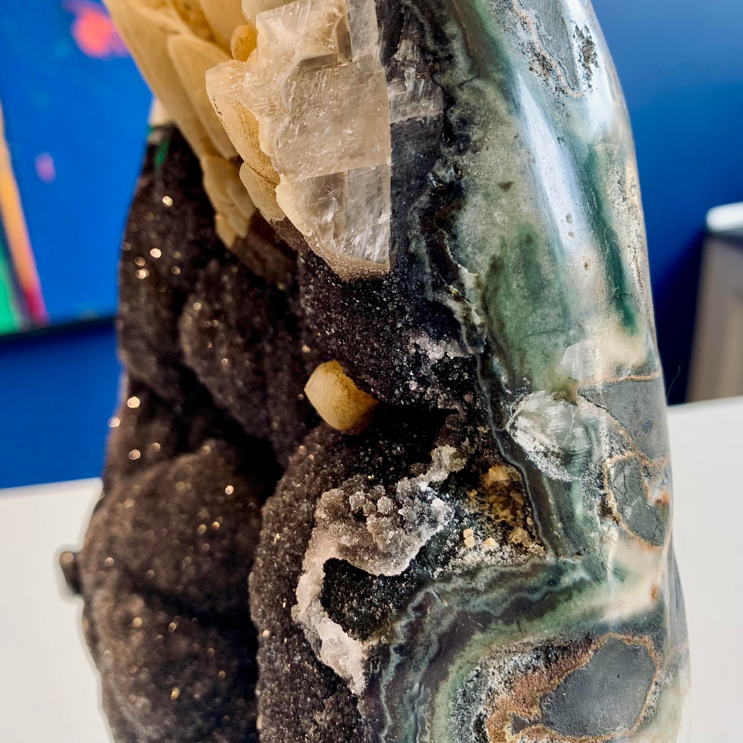 Black Druzy & Calcite Point Geode